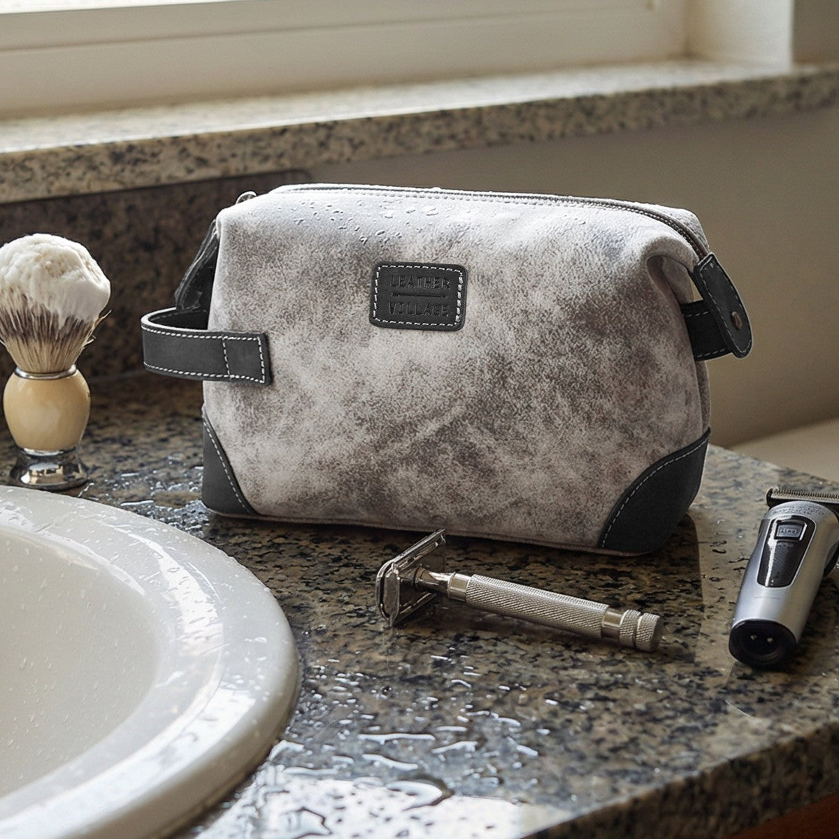 Leather Village Luxury Grey Leather Grooming Kit for Business and Vacation Travel