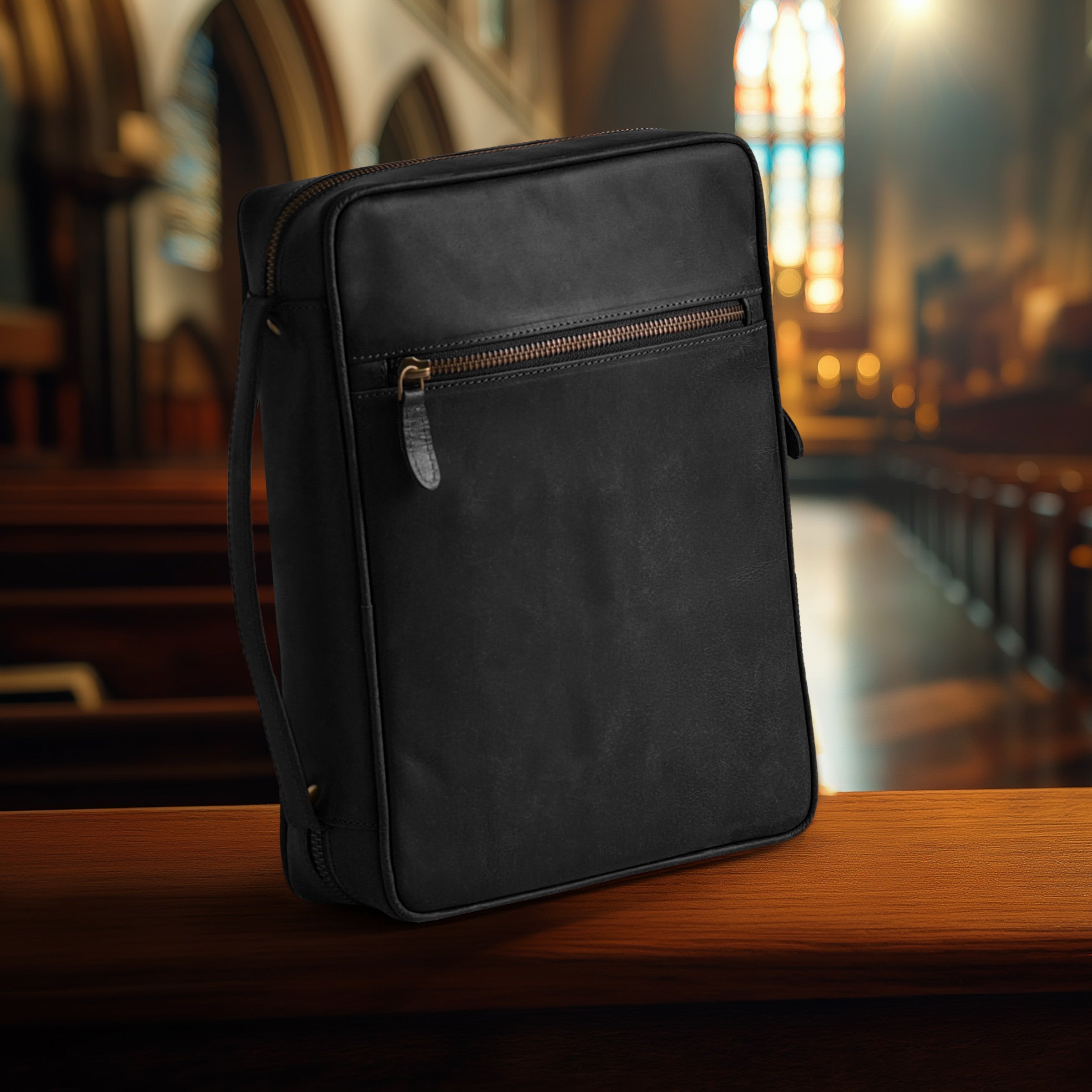 Black Leather Bible Cover with Zipper - Protective Bible Case