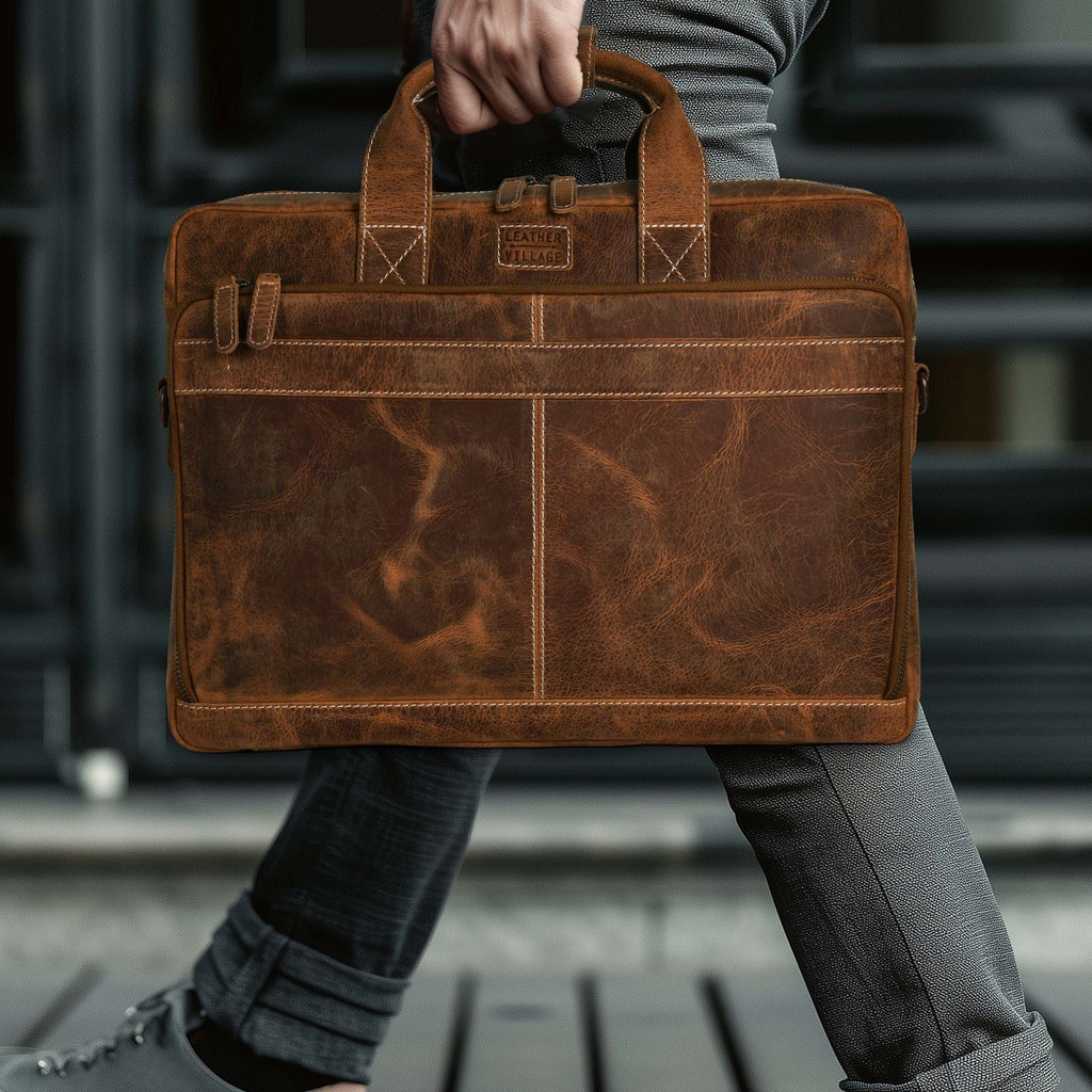 Leather Laptop Messenger Briefcase Bag - Tan