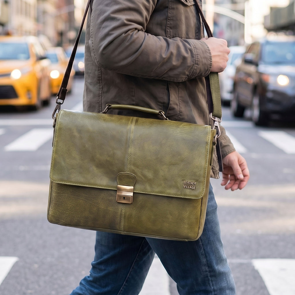 Leather Messenger Bag for Men & Women - Olive