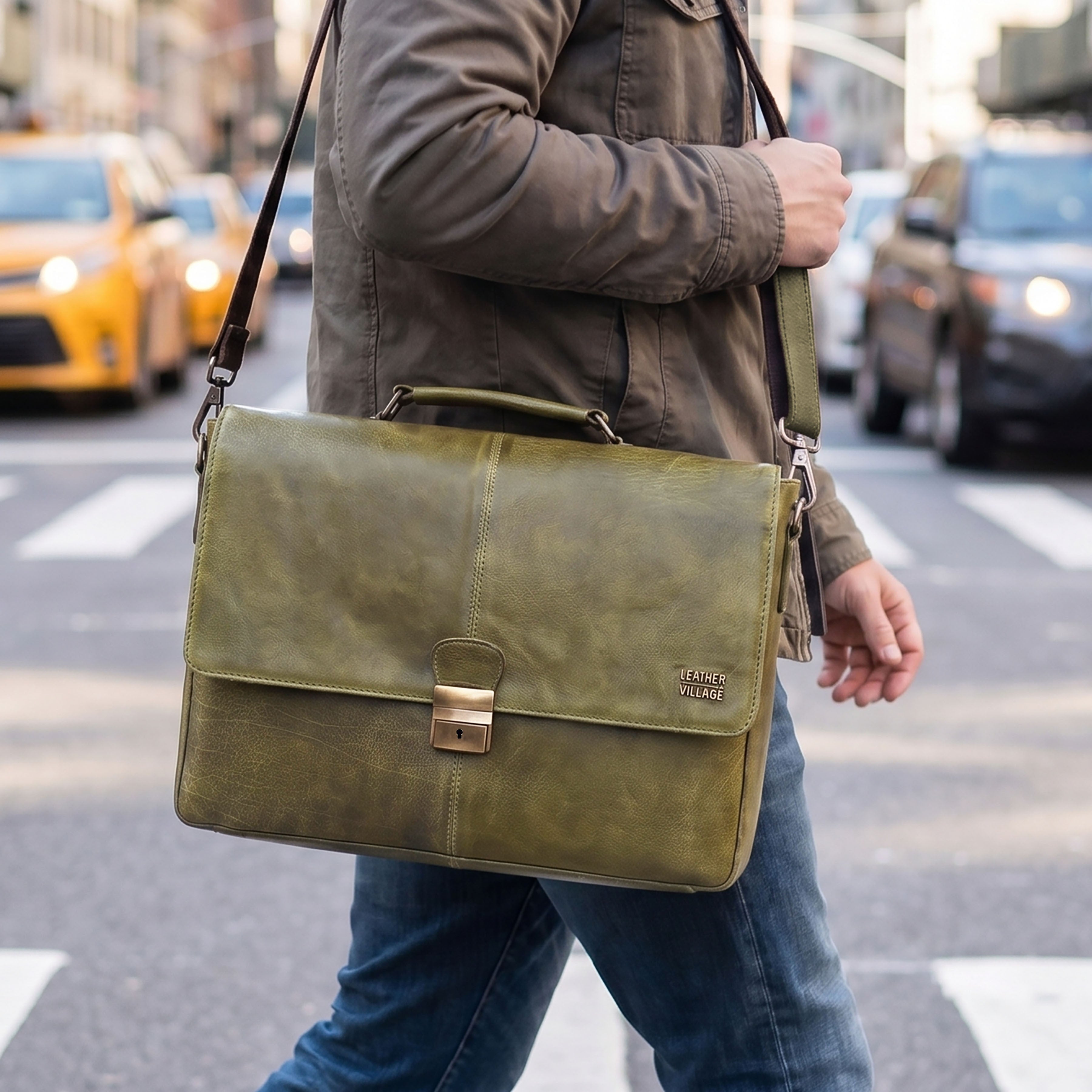 Leather Messenger Bag for Men & Women - Olive