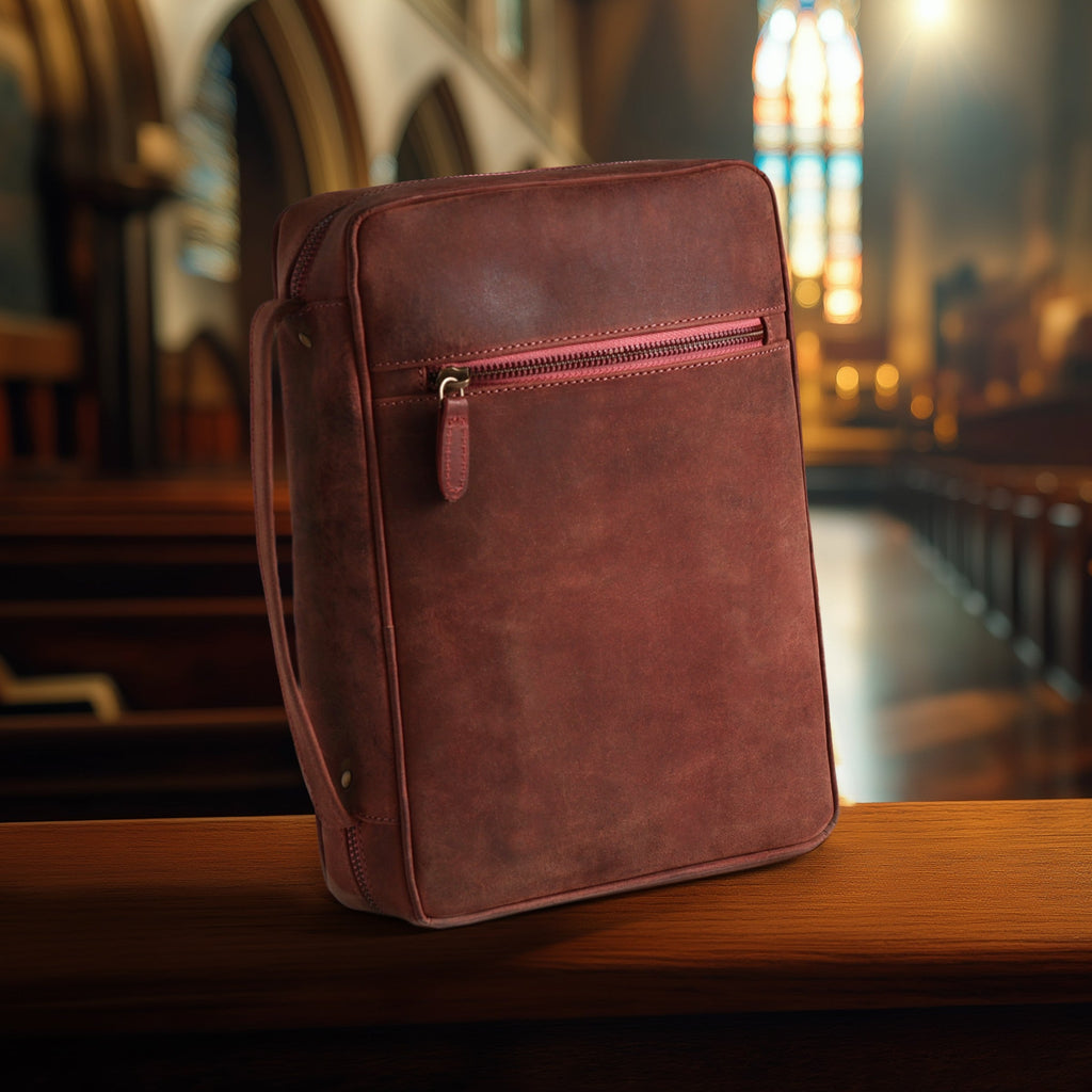 Classic burgundy leather Holy Bible carrying case with zipper