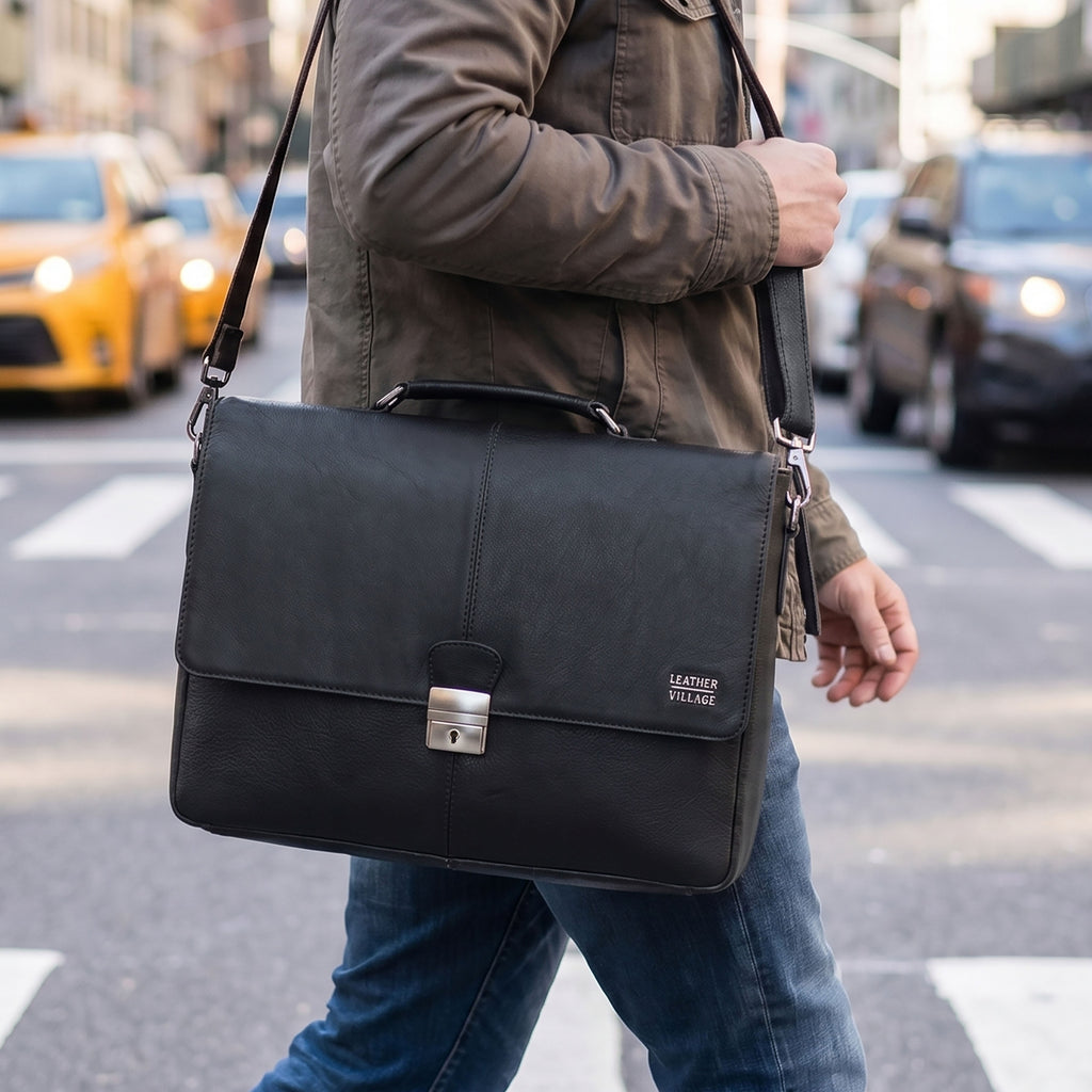Leather Messenger Bag for Men & Women - Black