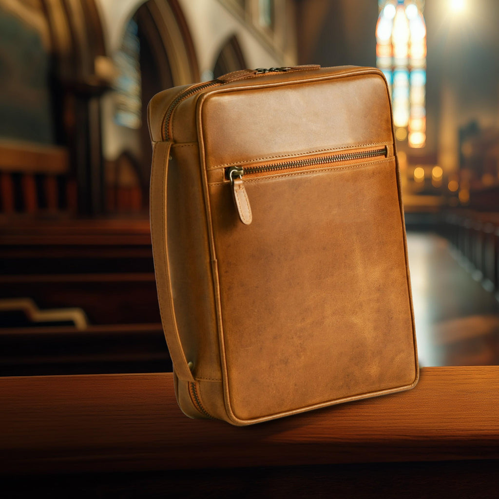 Classic brown leather Holy Bible carrying case with zipper