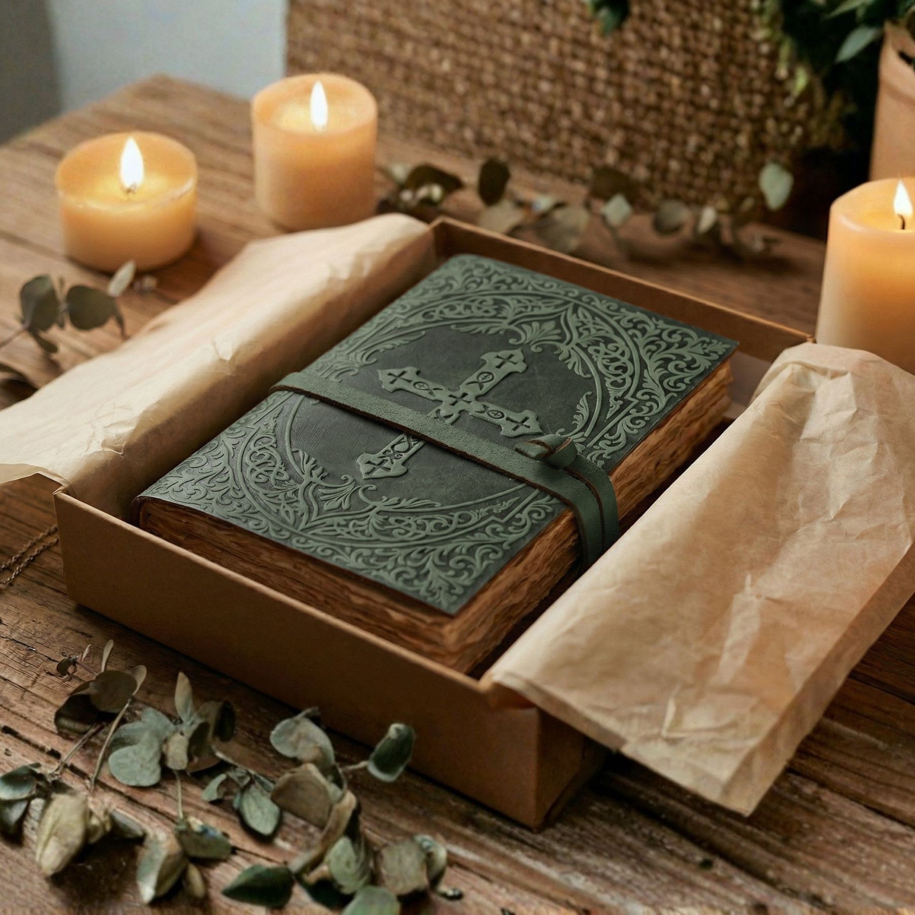 Handmade green leather Holy Bible with decorative tooling