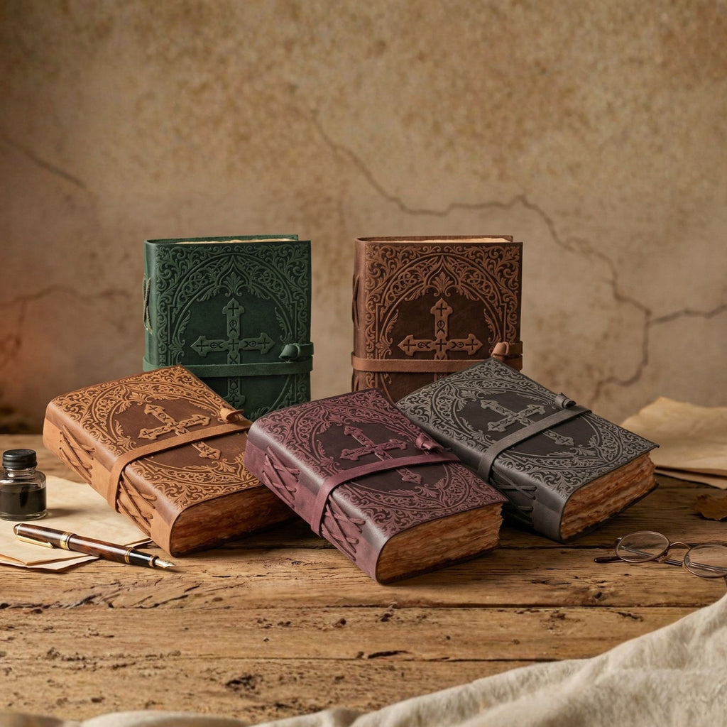 Distressed green leather Bible with vintage inspired artwork