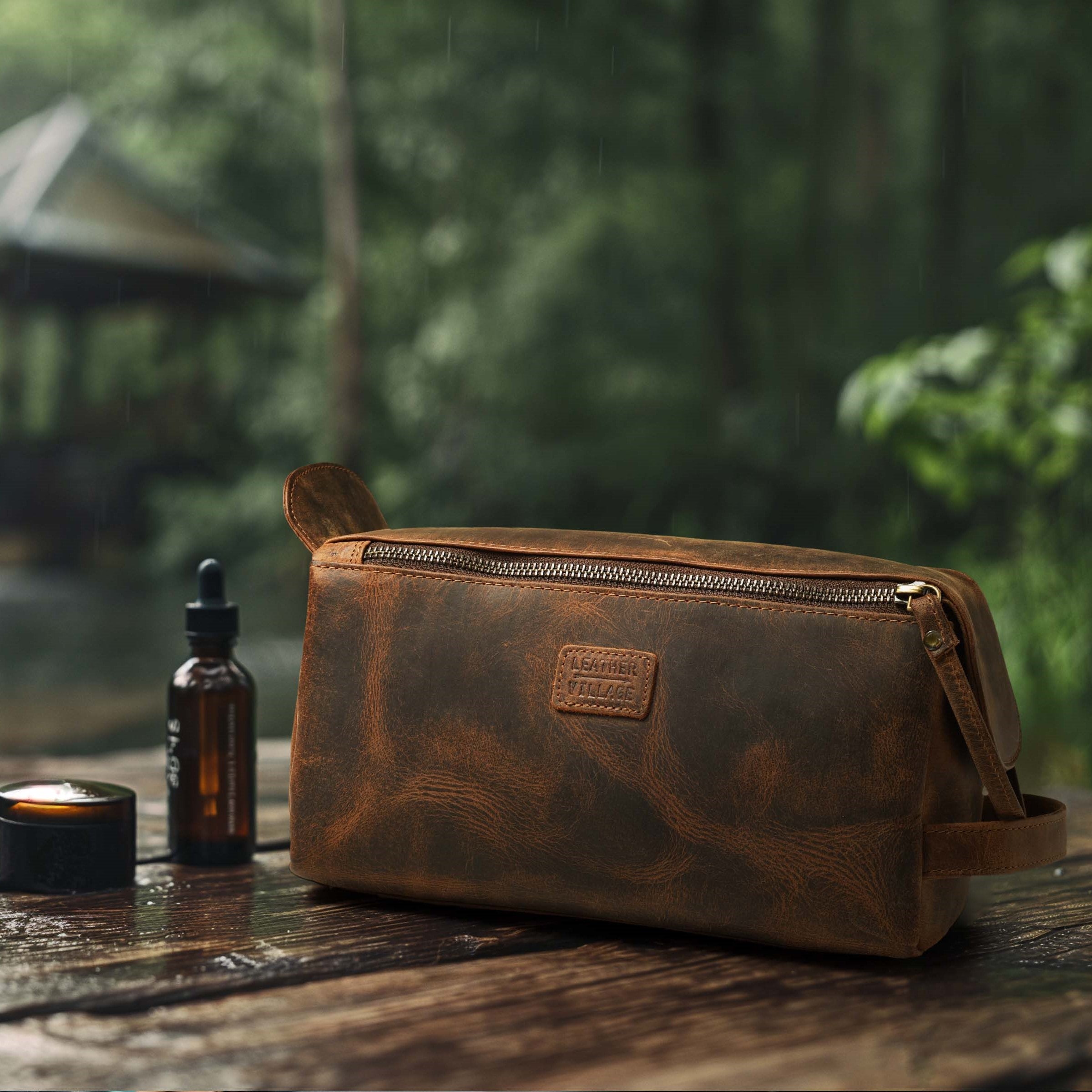 Leather Toiletry Bag for Travel - Rustic Brown