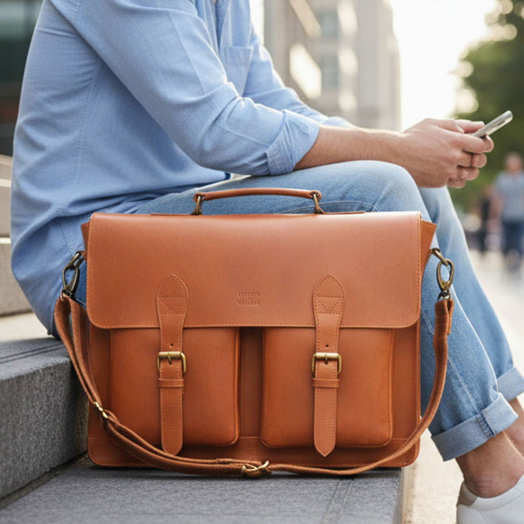 Briefcase Leather Messenger Bag - Tan