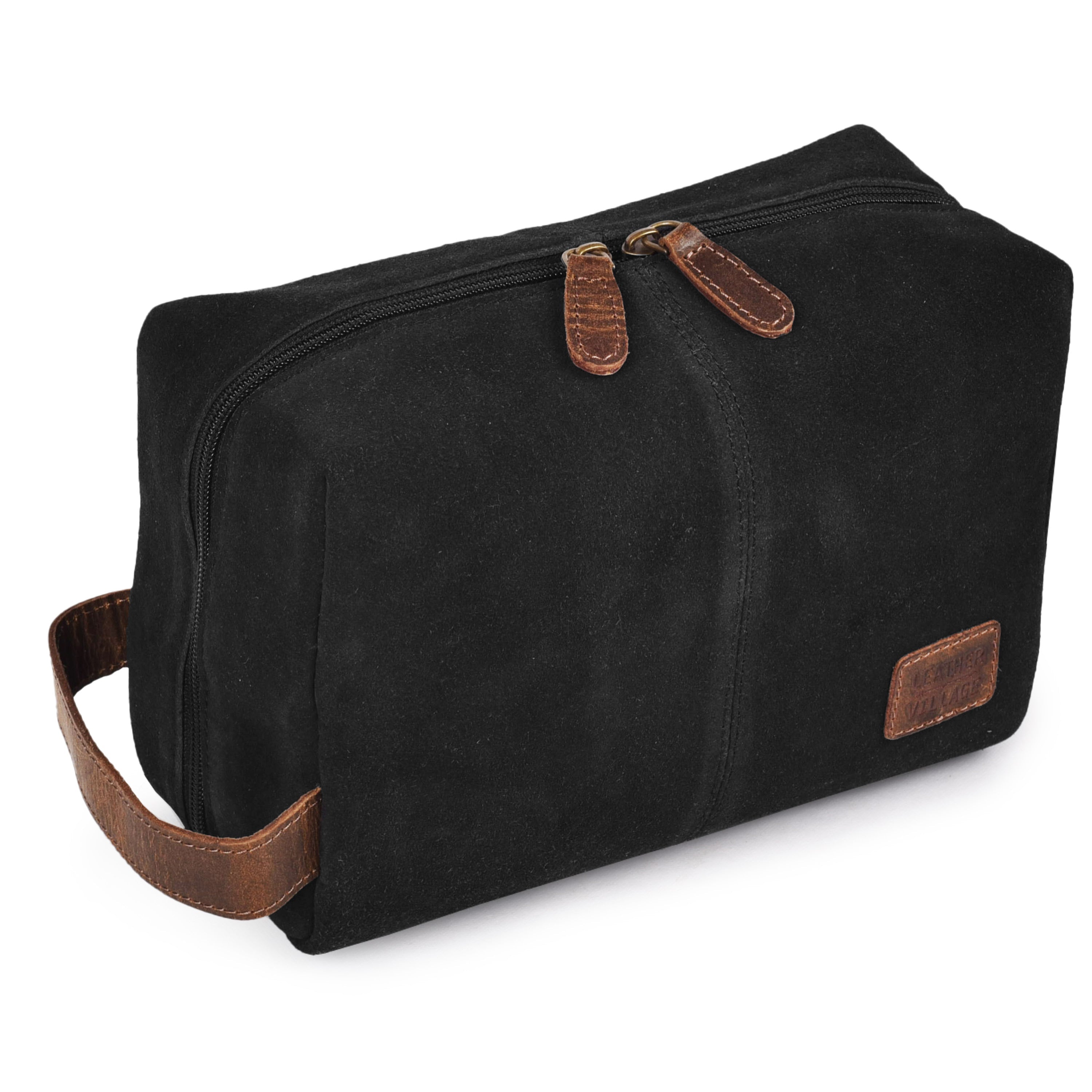 Travel Makeup Bag for Women – Large Capacity Suede Leather Cosmetic Pouch with Handle, Inner Pockets & Wide Opening – Flat Open Toiletry Organizer for Travel & Daily Use Leather Village