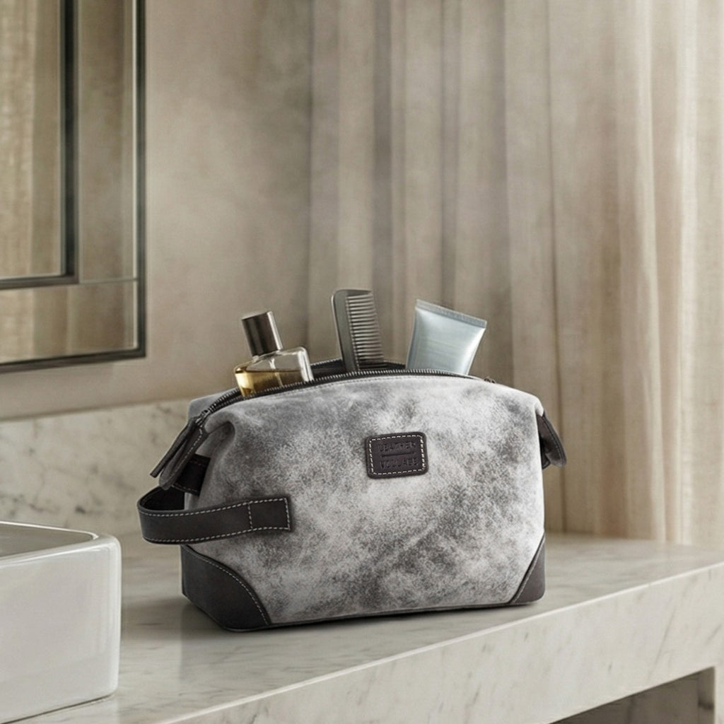 Leather Village Water Resistant Grey Leather Toiletry Bag for Modern Travelers