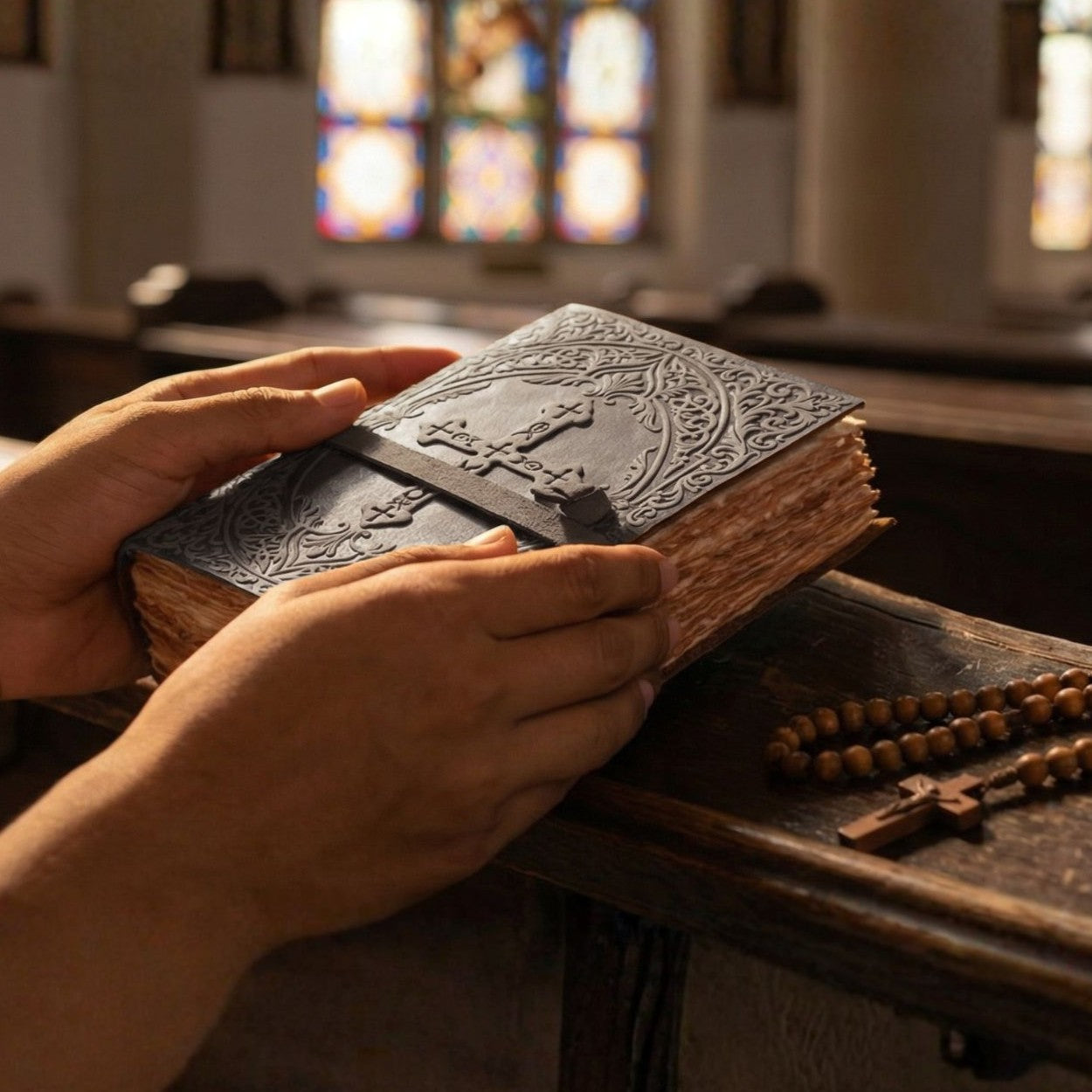 Classic antique black leather Bible with wrap closure design