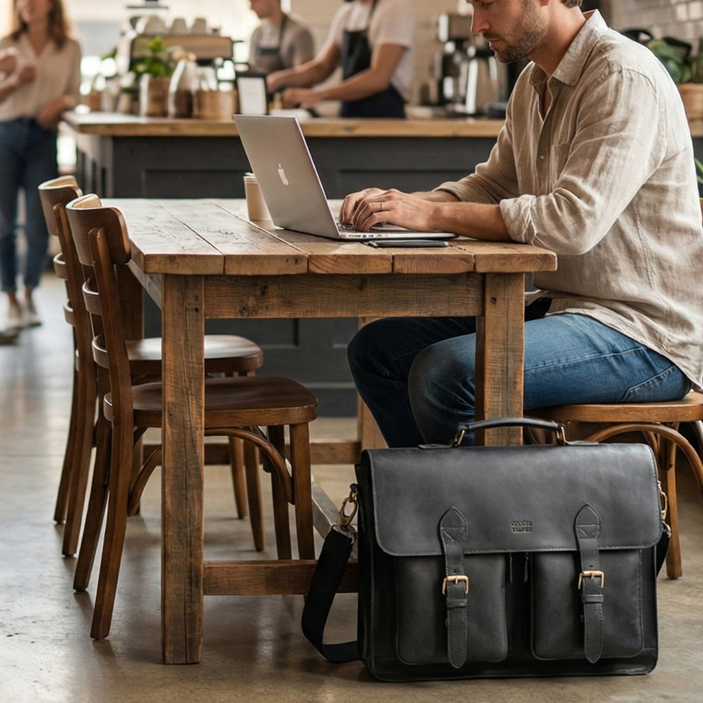 Briefcase Leather Messenger Bag - Black