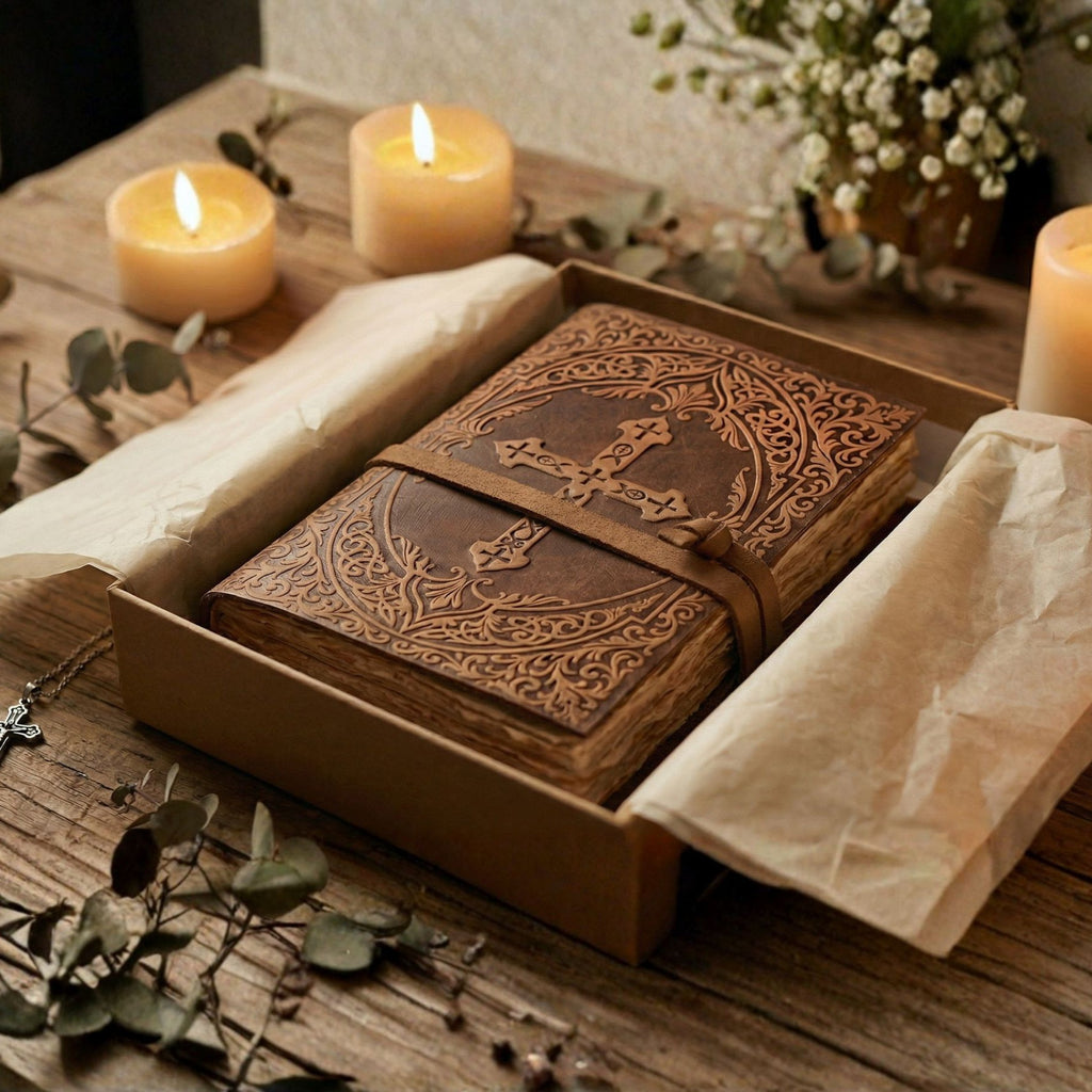 Classic antique brown leather Bible with wrap closure design