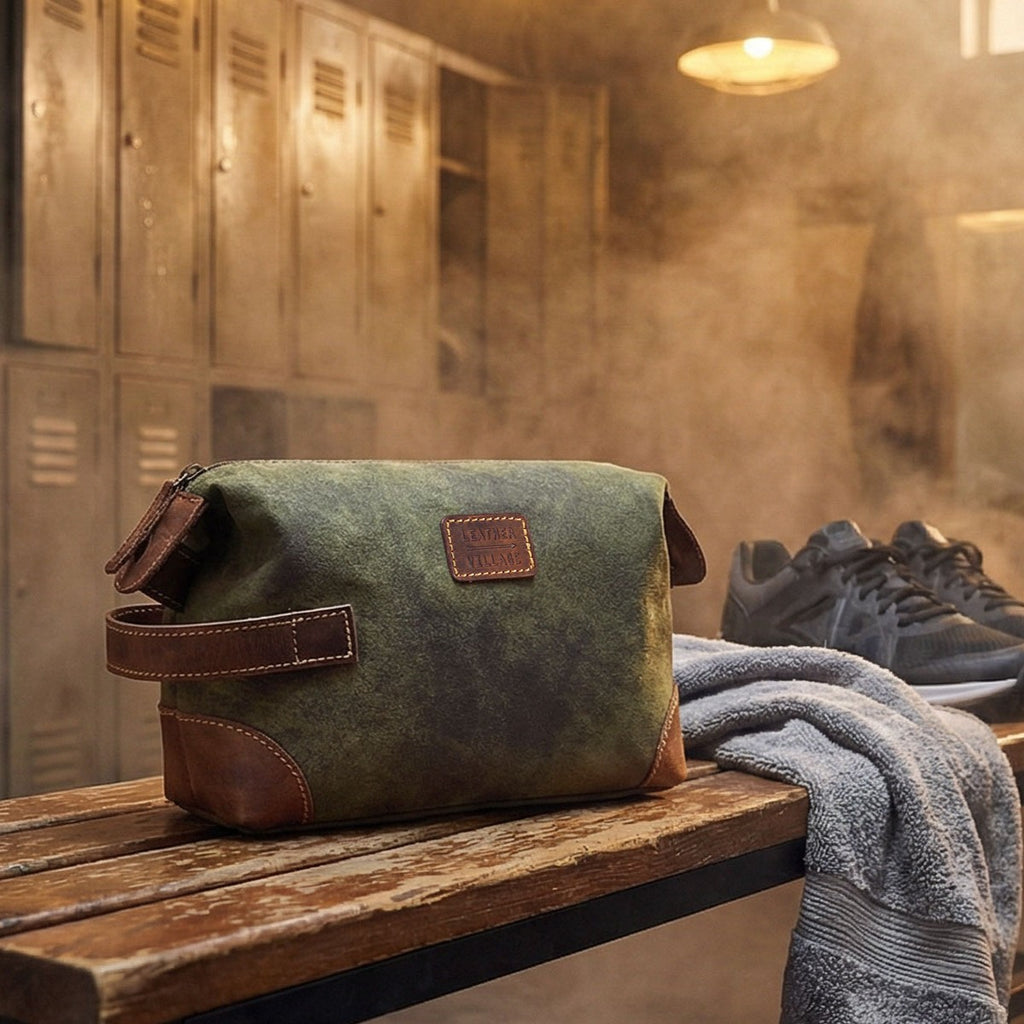 Leather Village Water Resistant Green Leather Toiletry Bag for Modern Travelers
