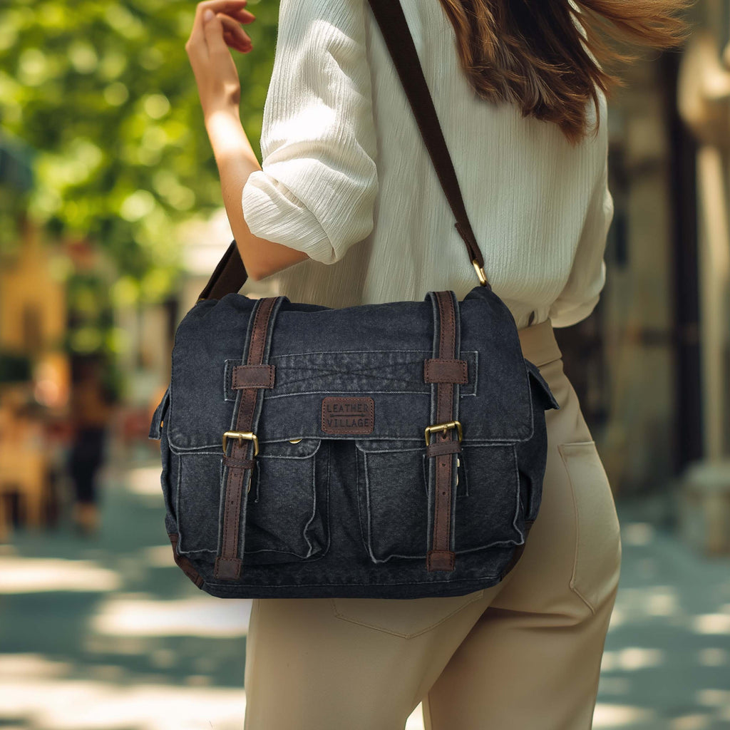 Canvas Messenger Shoulder Bag - Gray