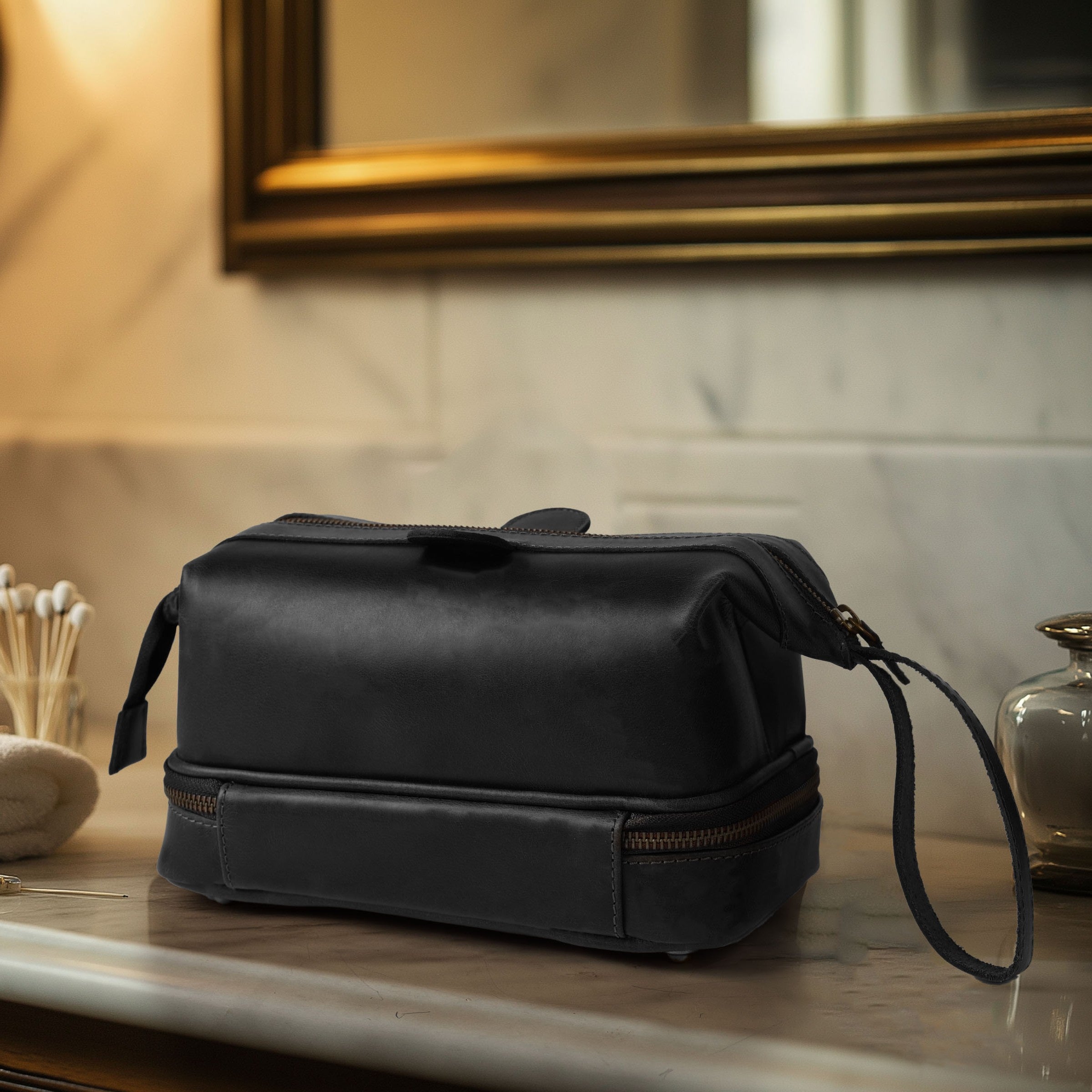 Black Leather Dopp Kit – Travel Toiletry Bag