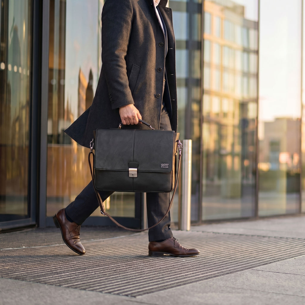 Leather Messenger Bag for Men & Women - Black