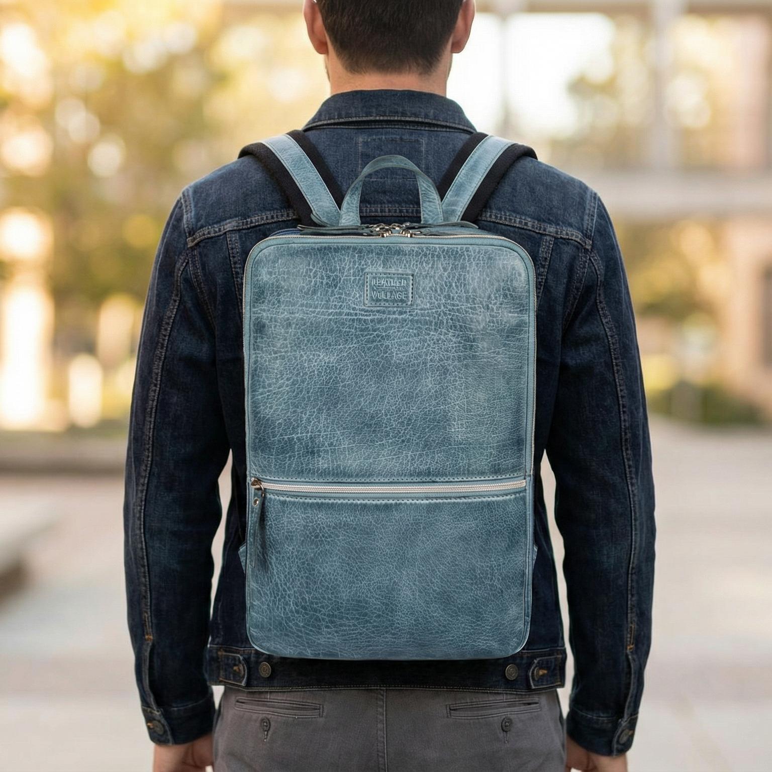 Teal Blue Leather Laptop Backpack for Work & Travel Leather Village