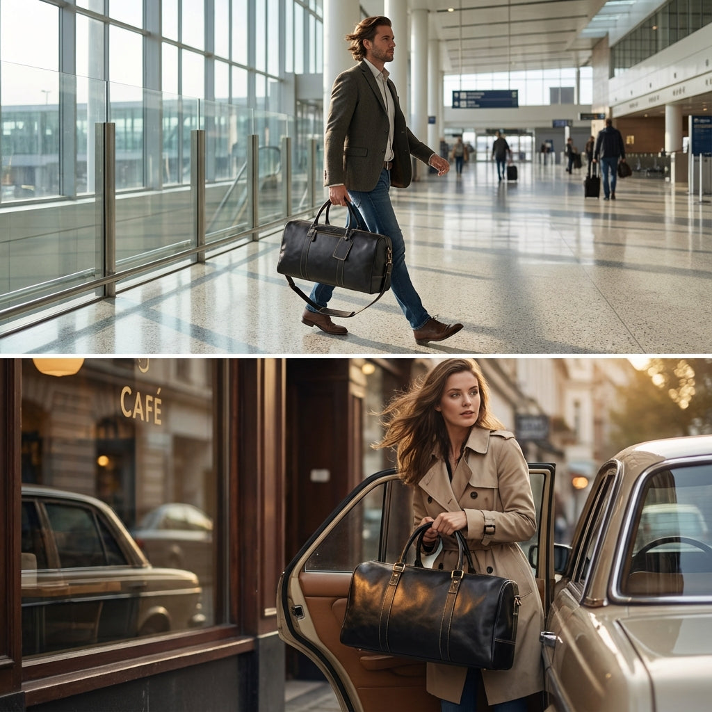 Leather Travel Duffel Bag - Black