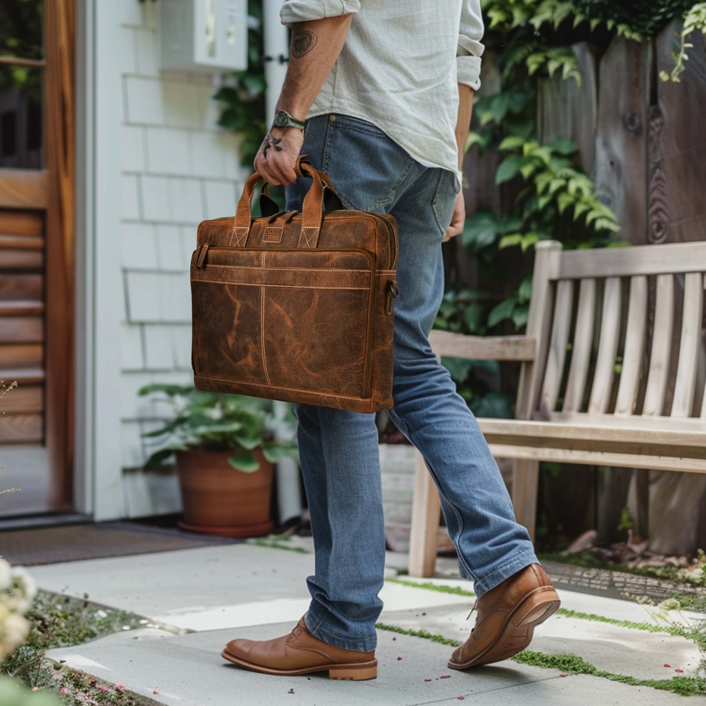 Leather Laptop Messenger Briefcase Bag - Tan