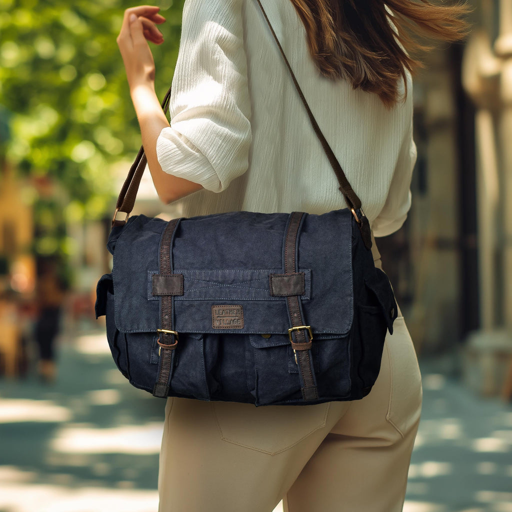 Canvas Messenger Shoulder Bag - Blue