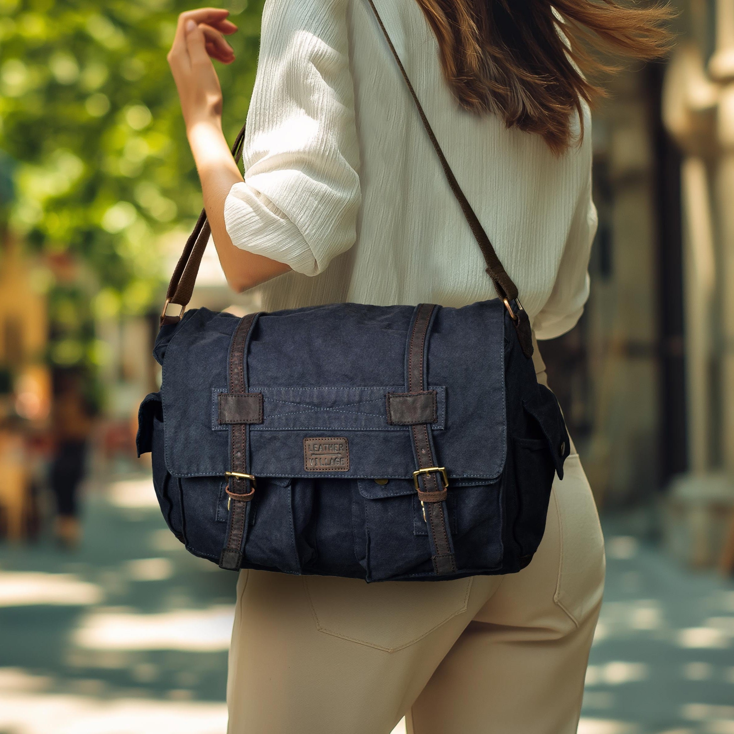 Canvas Messenger Shoulder Bag - Blue