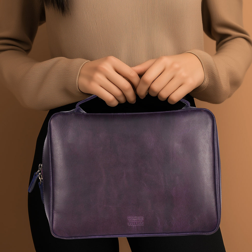 Handmade purple leather Bible storage case for prayer essentials