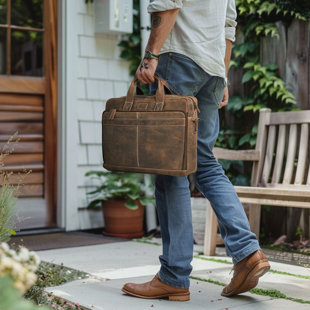 Leather Laptop Messenger Briefcase Bag - Cappuccino Brown