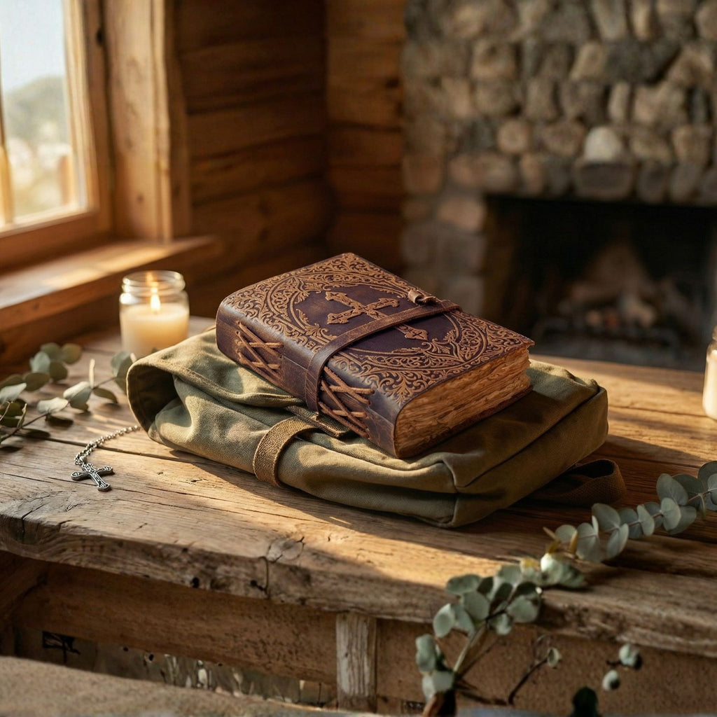 Classic antique brown leather Bible with wrap closure design
