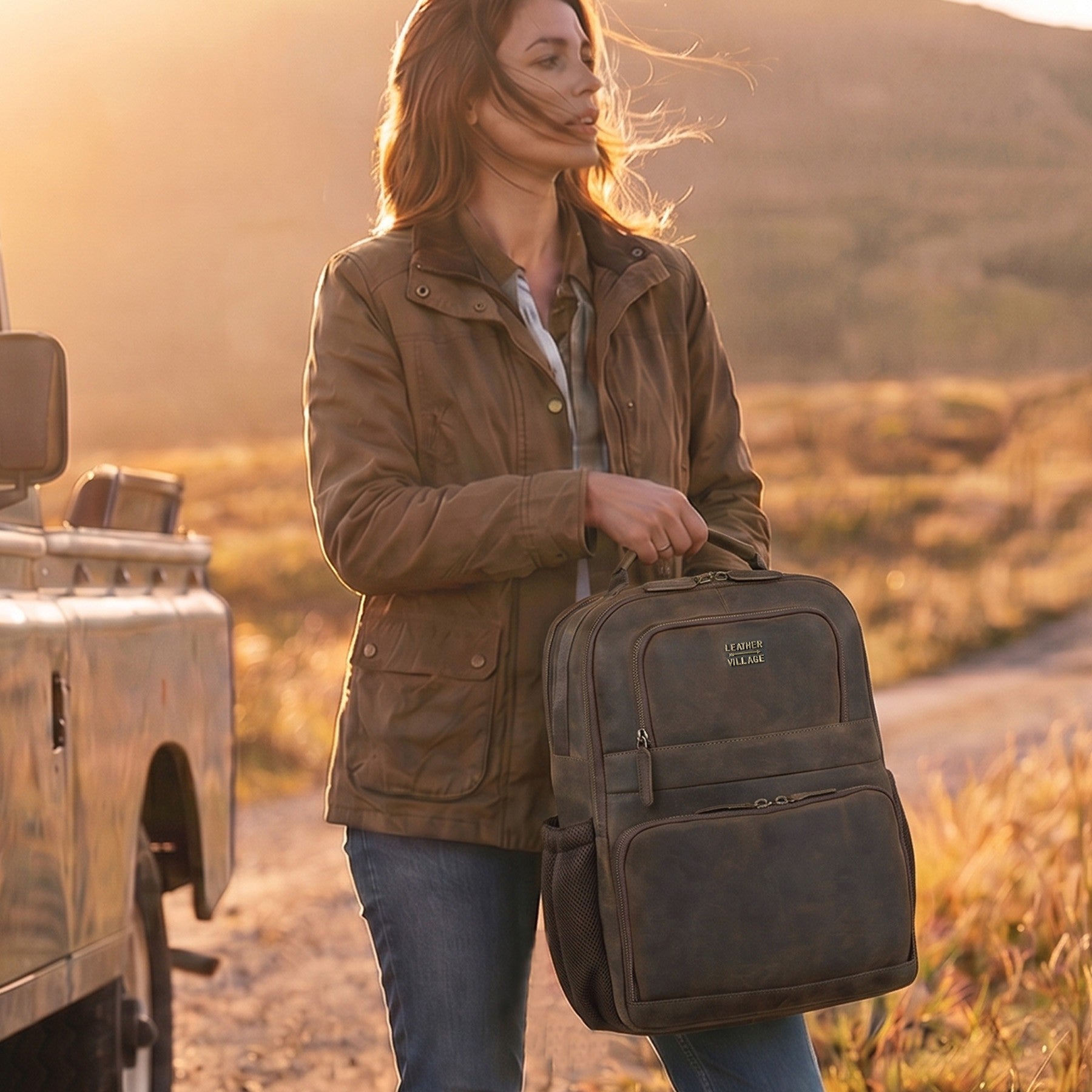 Vintage Leather Laptop Backpack Distressed Brown Travel Bag