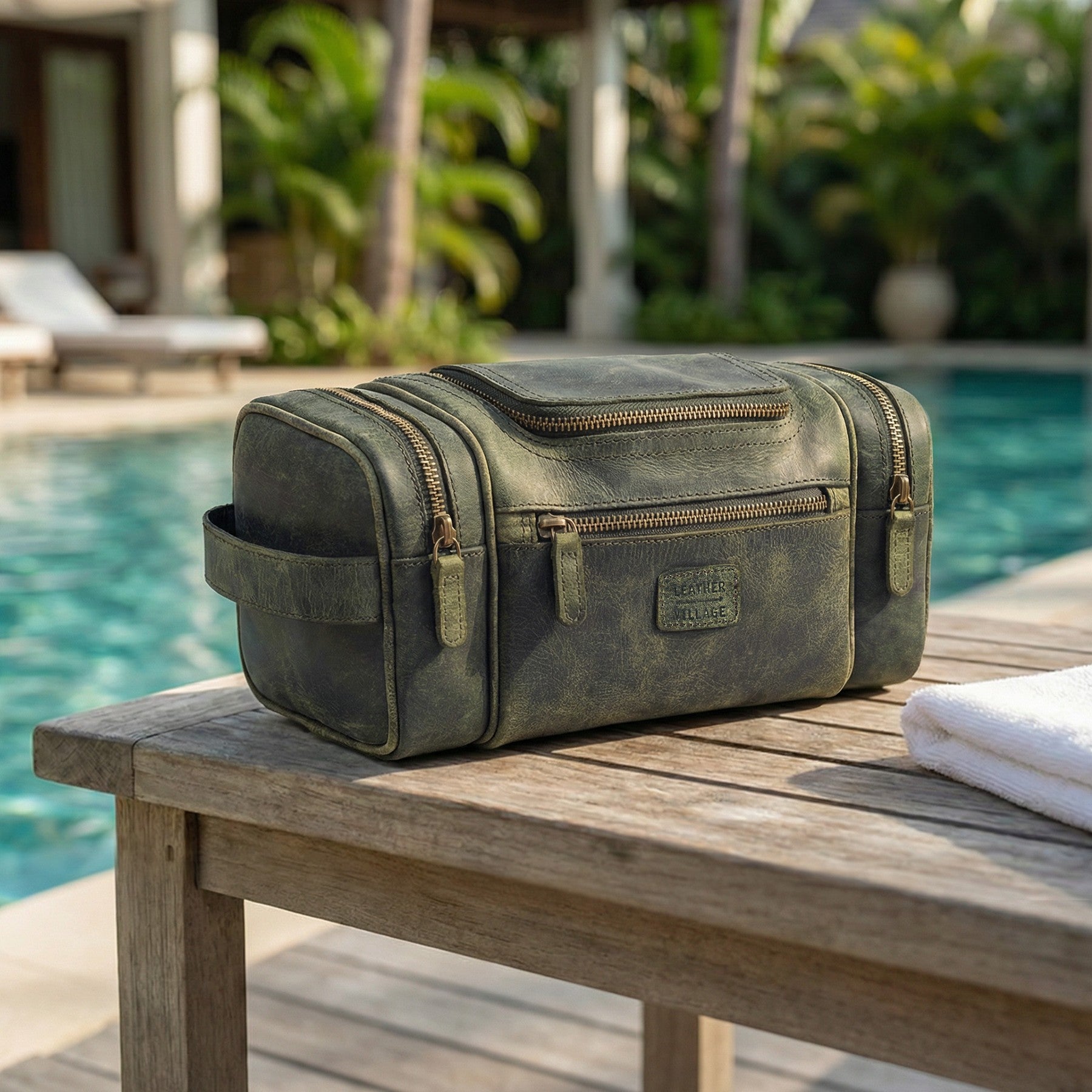 Leather Village Olive Leather Grooming Organizer for Men with Waterproof Interior Lining