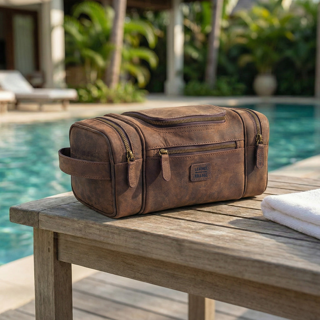 Leather Village Premium Leather Travel Organizer for Grooming Essentials
