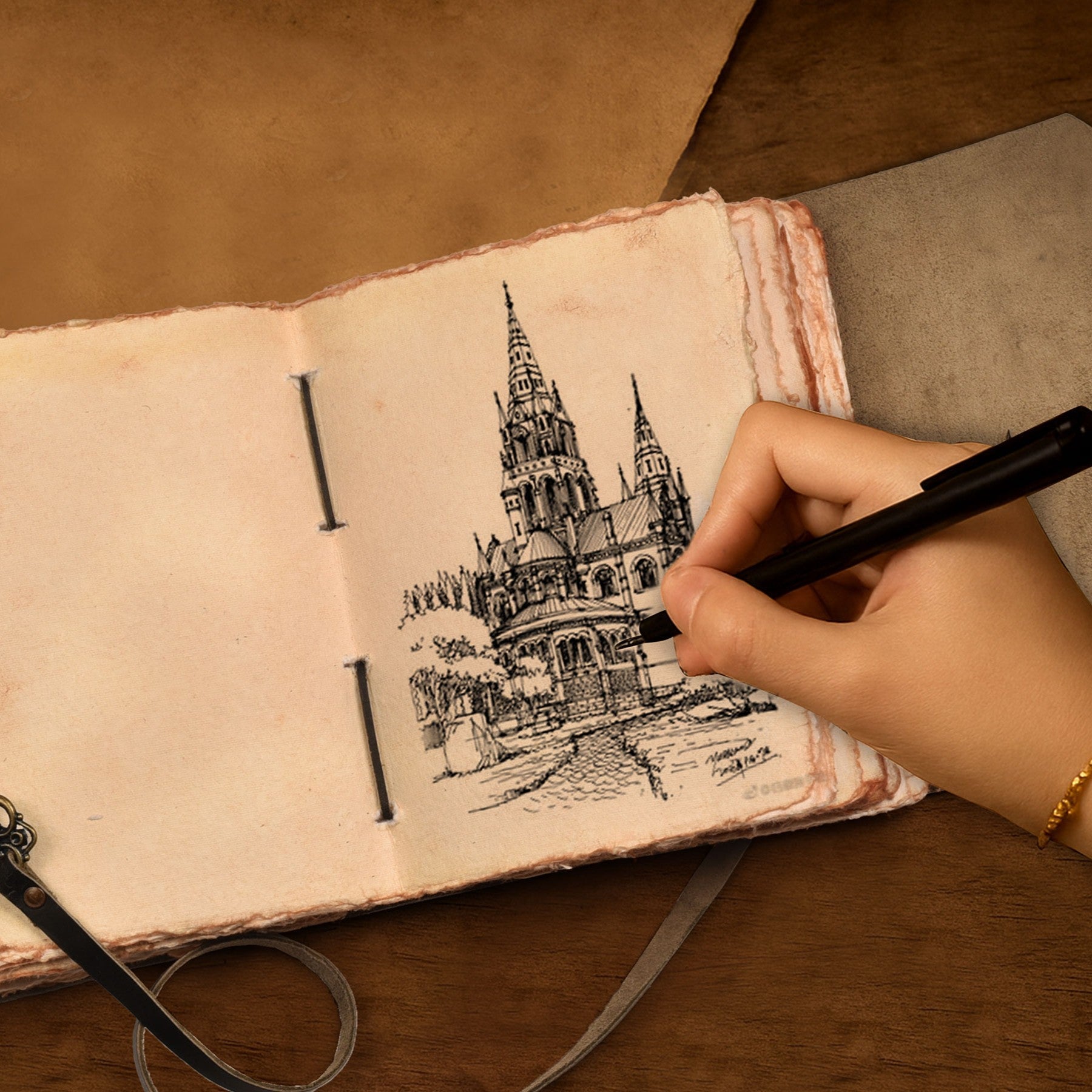 Leather Bound Journal With Antique Key- Black Leather Village