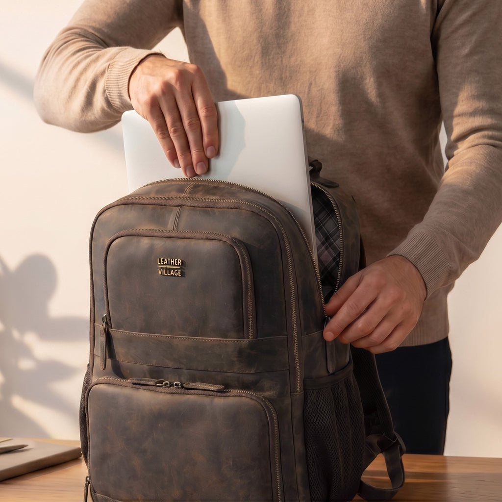 Vintage Leather Laptop Backpack Distressed Brown Travel Bag