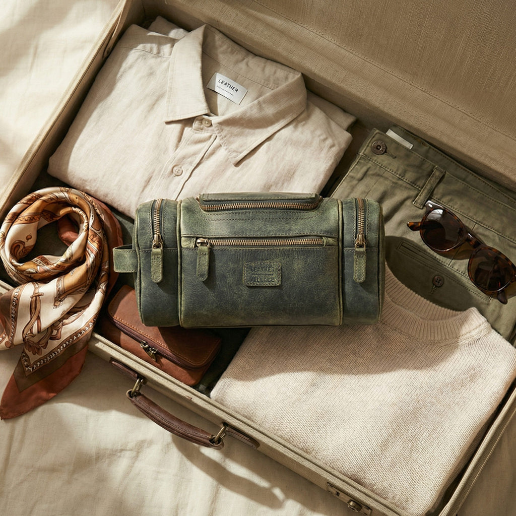 Leather Village Vintage Olive Leather Dopp Kit for Men with Compact Travel Friendly Structure