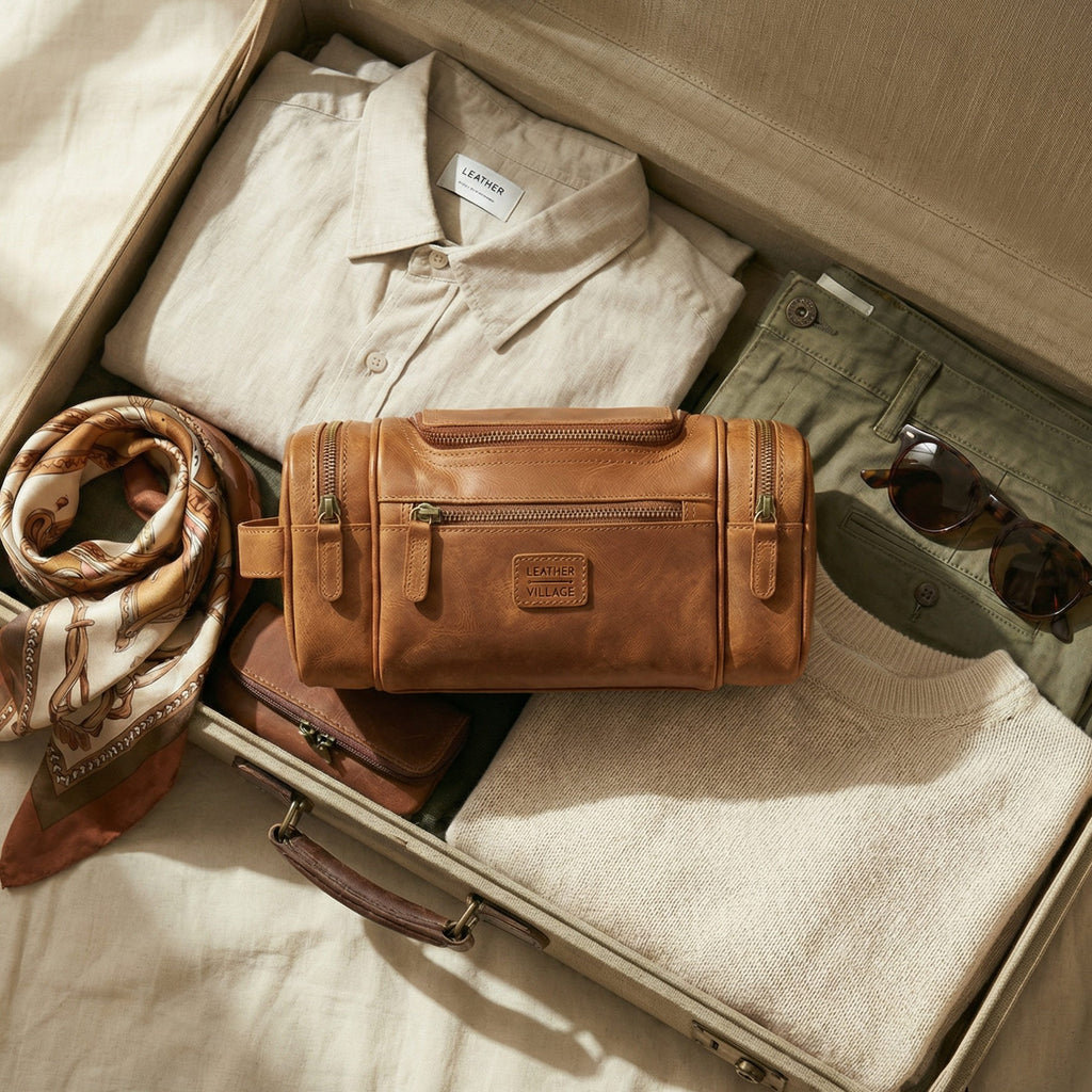 Leather Village Travel Dopp Kit with Hook and Easy Carry Handle