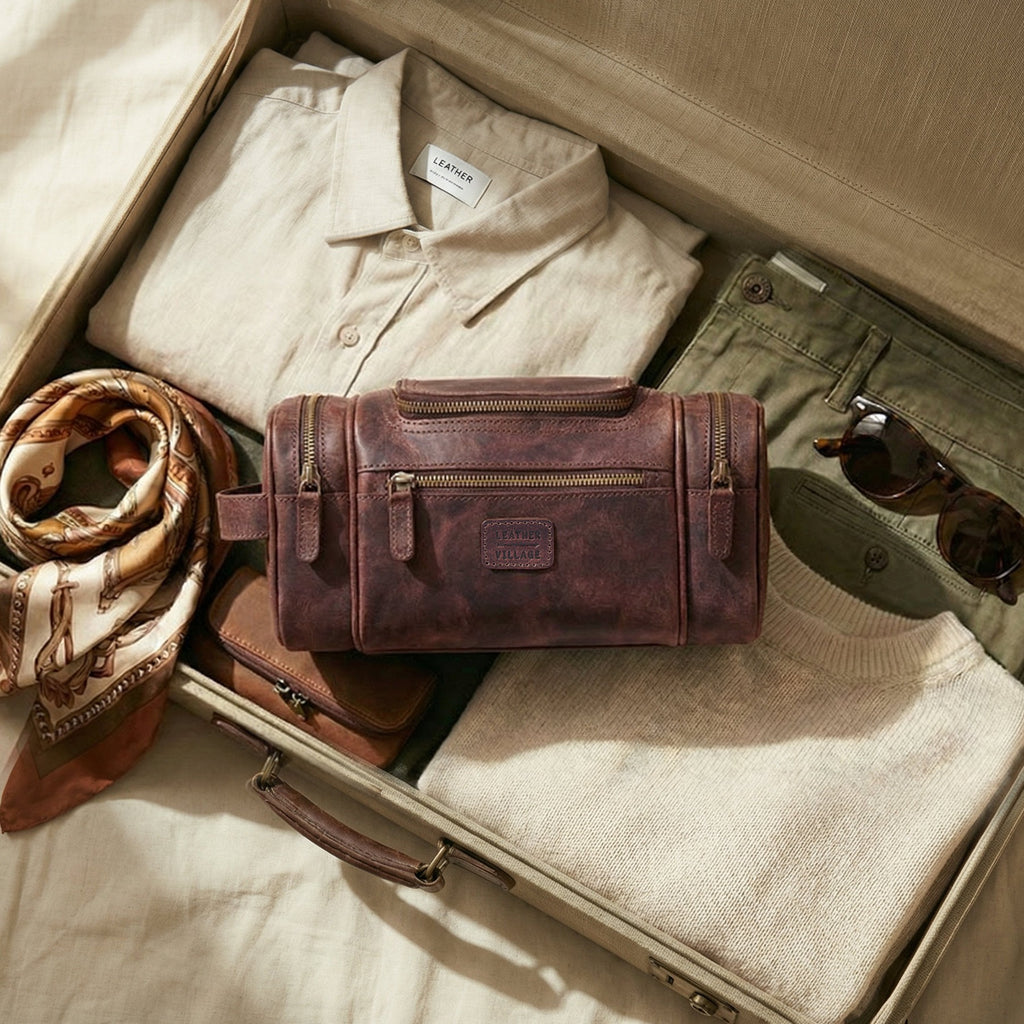 Leather Village Vintage Cherry Leather Dopp Kit for Men with Compact Travel Friendly Structure
