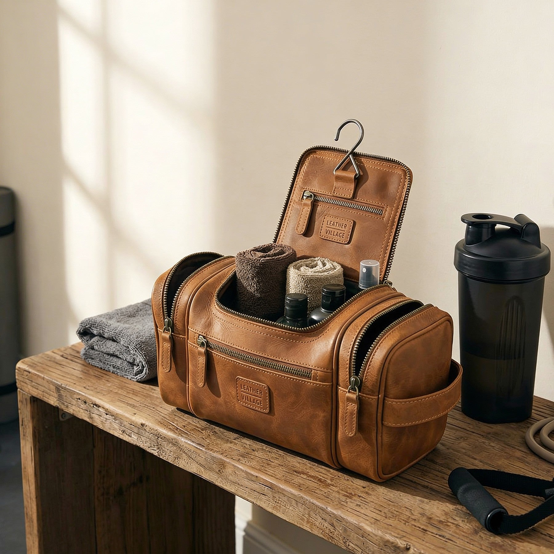 Leather Village Vintage Tan Leather Hanging Grooming Organizer Bag