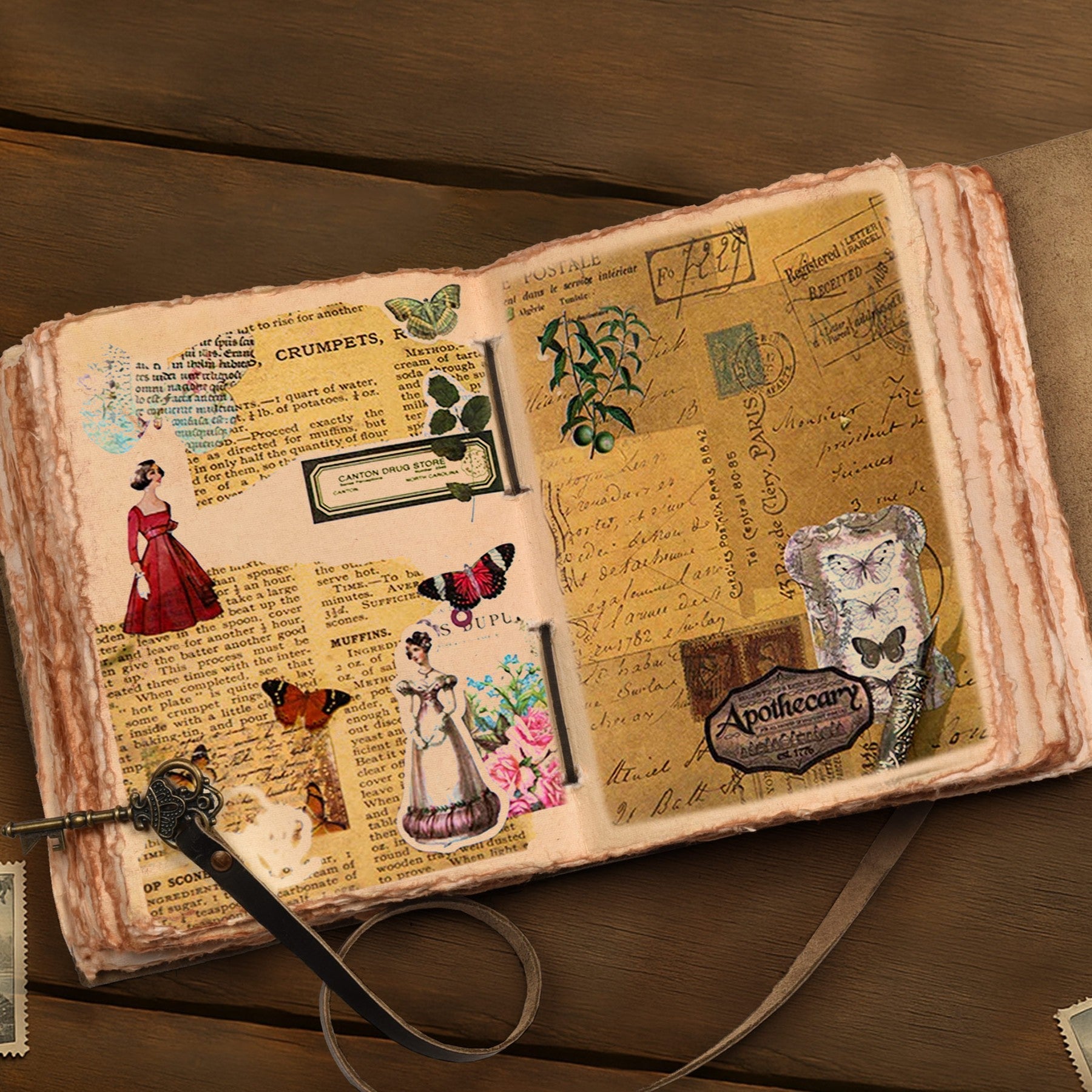 Leather Bound Journal With Antique Key- Black Leather Village