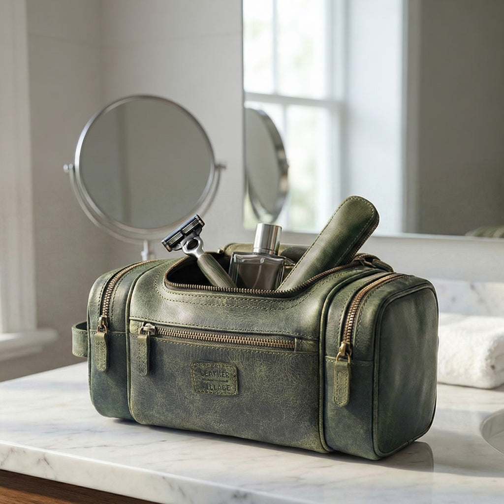Leather Village Genuine Olive Leather Dopp Kit for Men’s Grooming and Travel Essentials