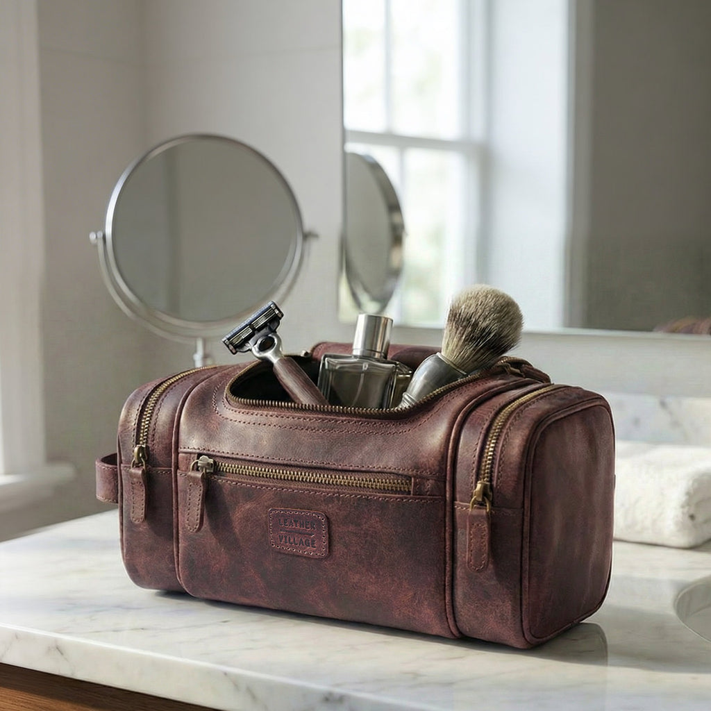 Leather Village Genuine Cherry Leather Dopp Kit for Men’s Grooming and Travel Essentials Storage