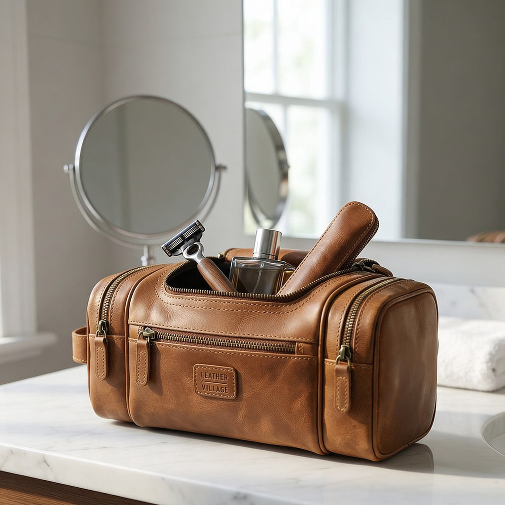Leather Village Premium Tan Leather Dopp Kit with Hanging Hook