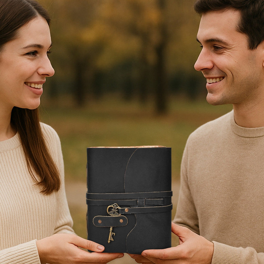 Leather Bound Journal With Antique Key- Black Leather Village