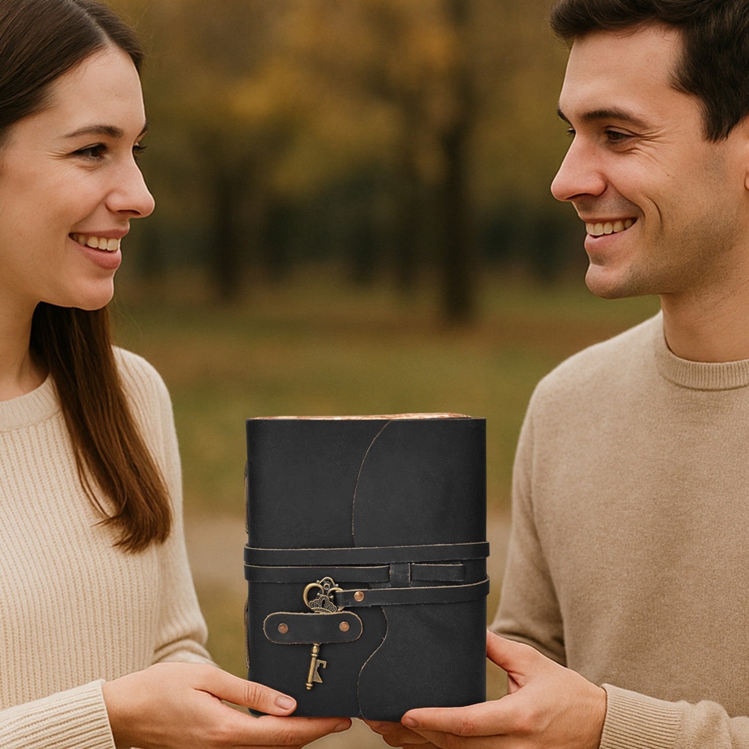 Leather Bound Journal With Antique Key- Black Leather Village