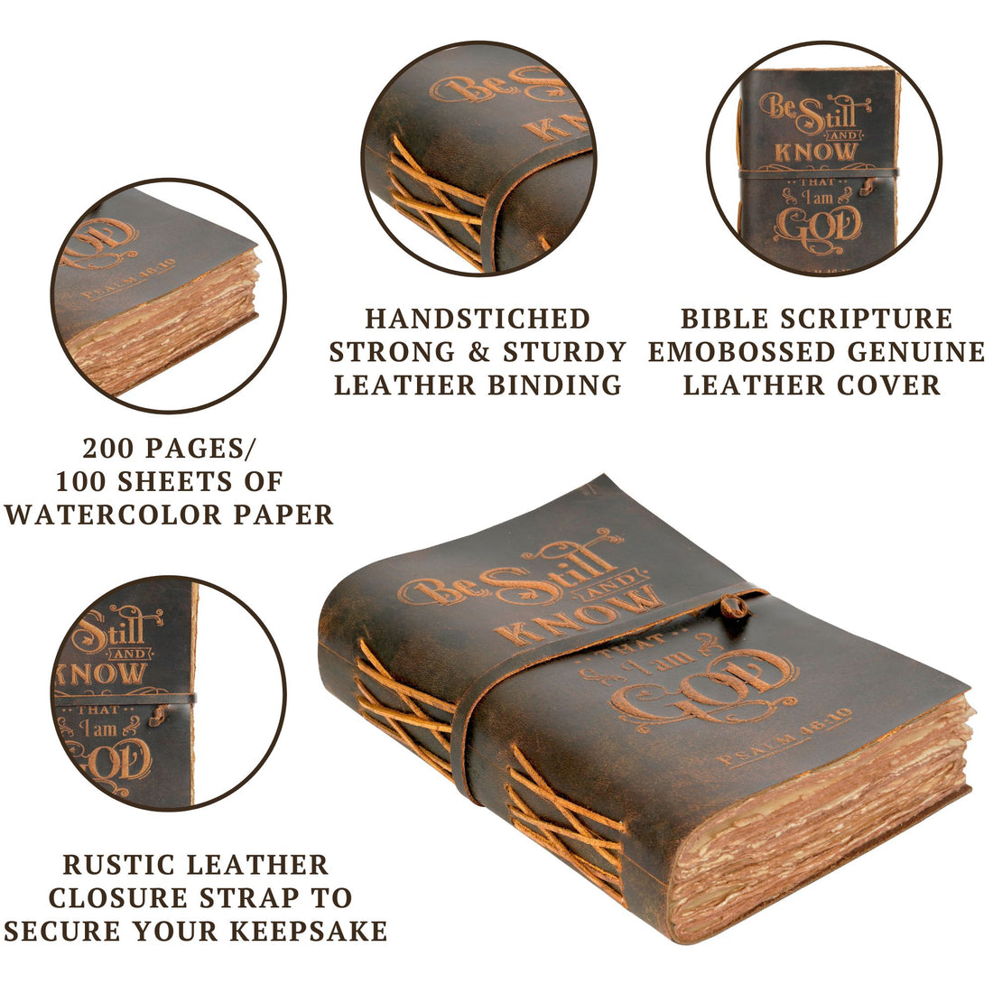 PSALM 46v10 EMBOSSED BIBLE VERSE - LEATHER JOURNAL