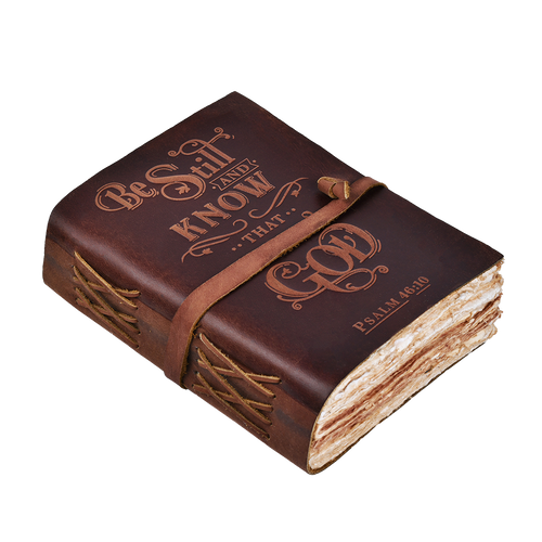 Vintage brown leather Holy Bible with Be Still and Know scripture design
