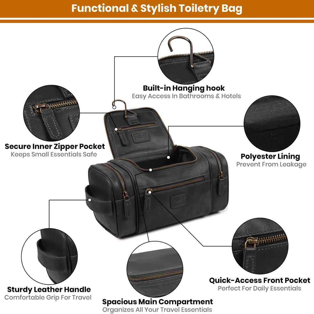 Leather Travel Toiletry Bag - Black