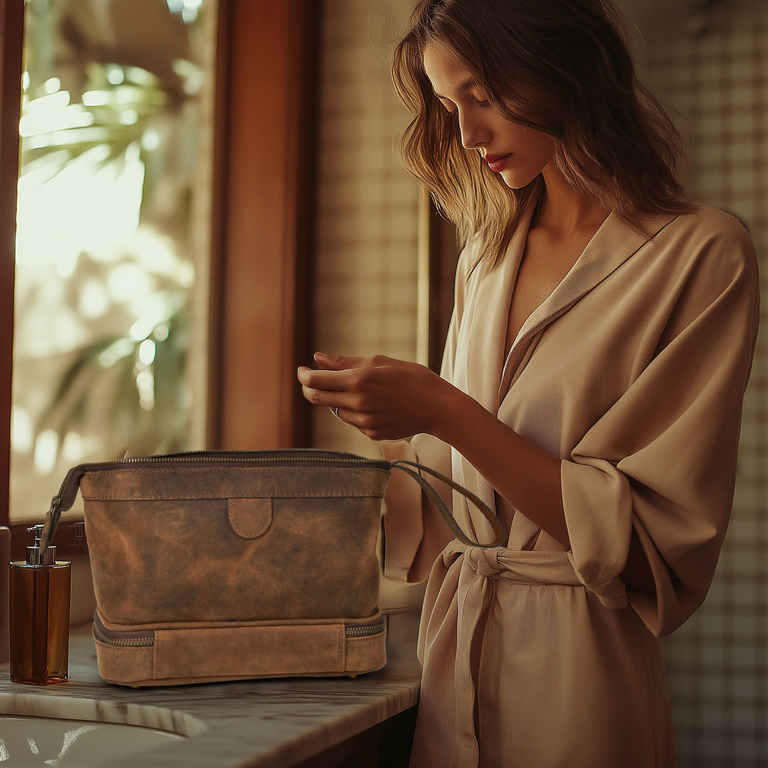 Genuine Leather Toiletry Bag for Men & Women - Mens Toiletry Shower Organizer Dopp Kit , Pouch for Traveling