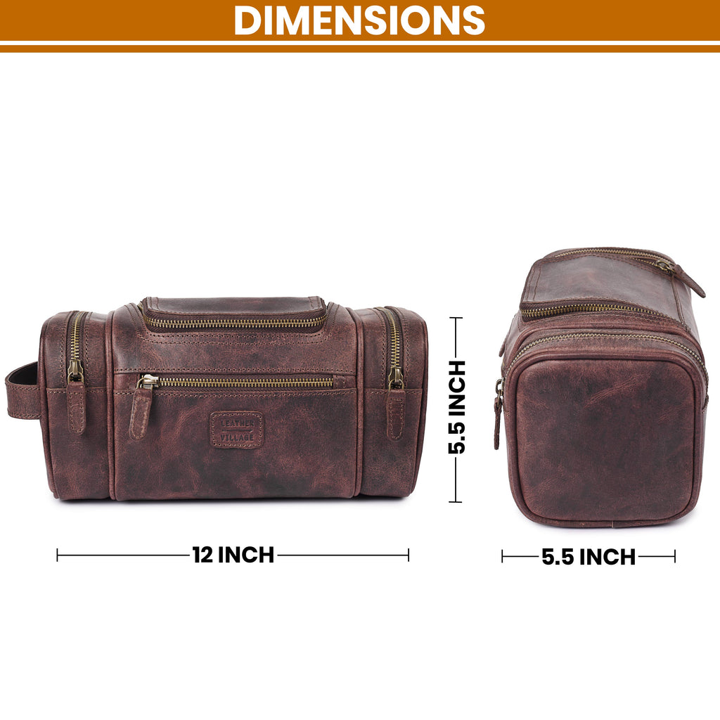 Leather Village Premium Cherry Leather Wash Bag for Men with Spacious Travel Organizer Interior