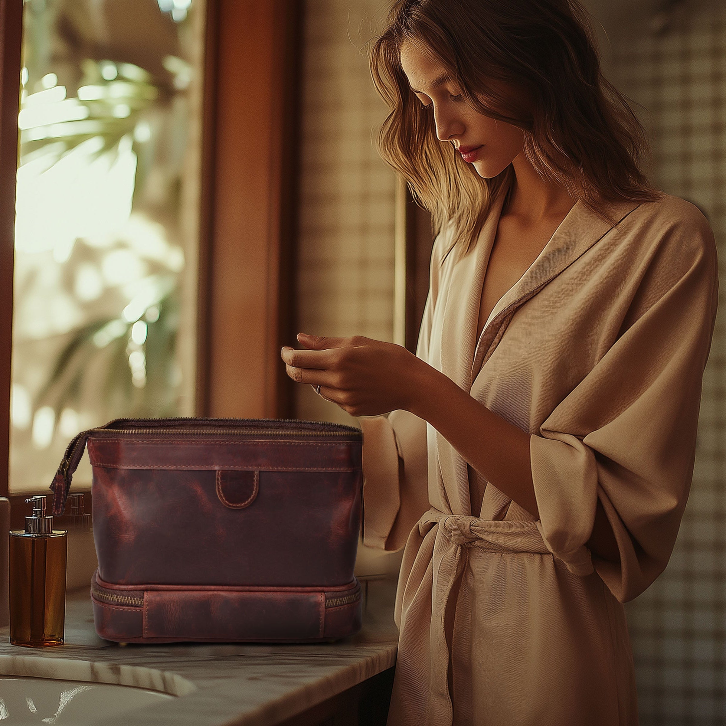 Genuine Leather Toiletry Bag for Men & Women - Mens Toiletry Shower Organizer Dopp Kit , Pouch for Traveling